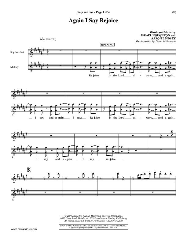 Again I Say Rejoice Soprano Sax (Israel Houghton)