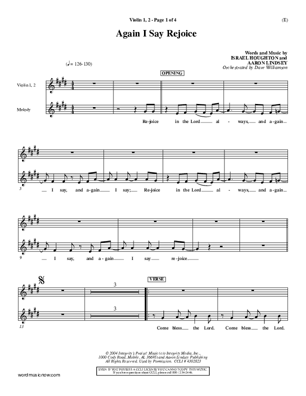 Again I Say Rejoice Violin 1/2 (Israel Houghton)