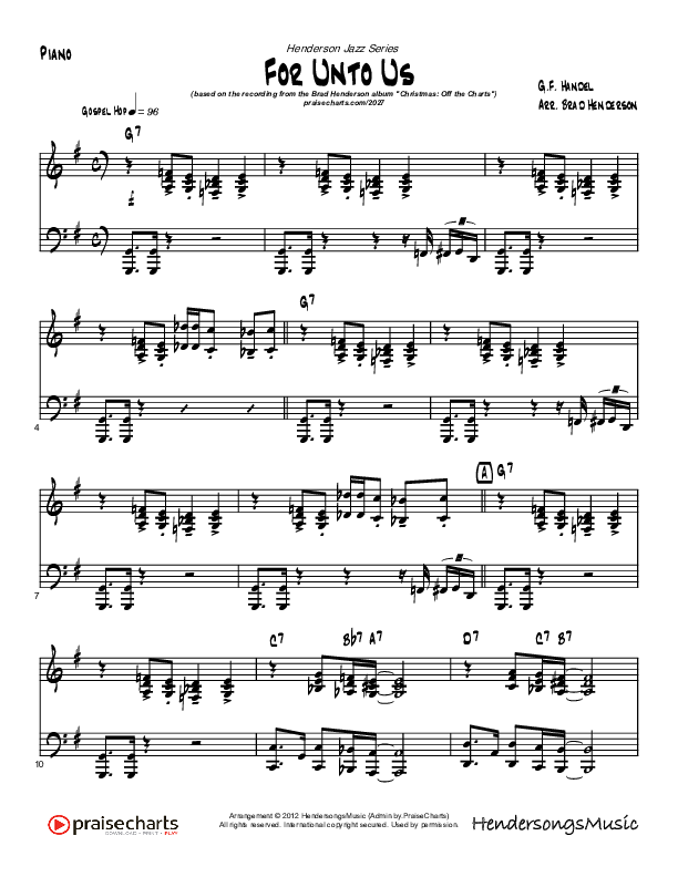 For Unto Us (Instrumental) Piano Sheet (Brad Henderson)