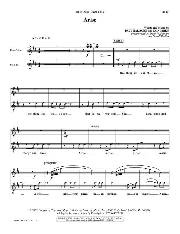 Arise Flute/Oboe (Paul Baloche)