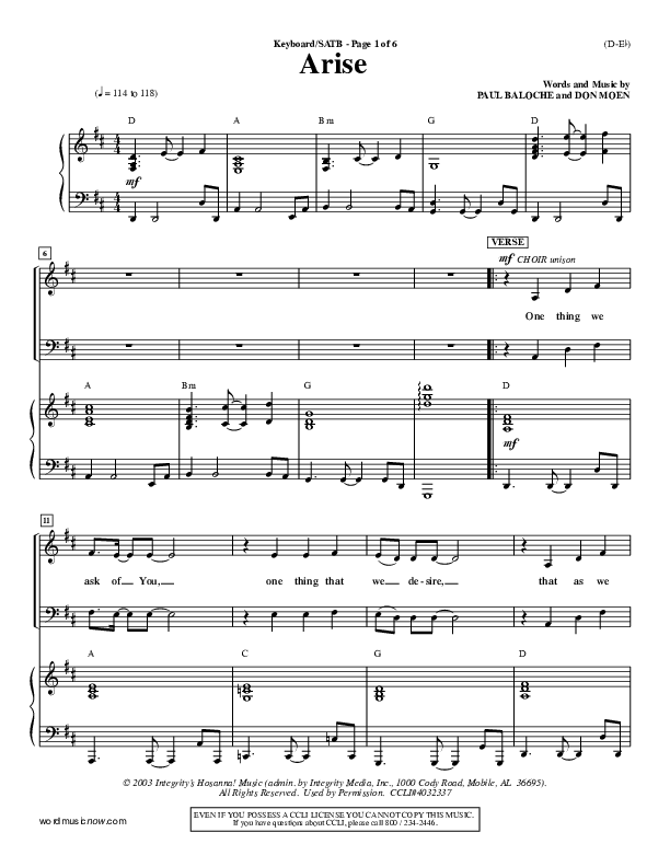 Arise Piano/Vocal Pack (Paul Baloche)