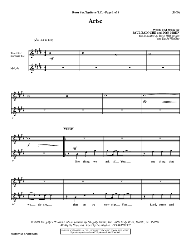 Arise Tenor Sax/Baritone T.C. (Paul Baloche)