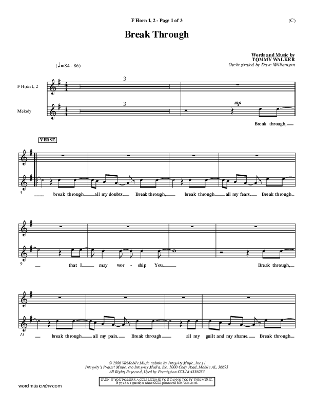 Break Through French Horn 1/2 (Tommy Walker)