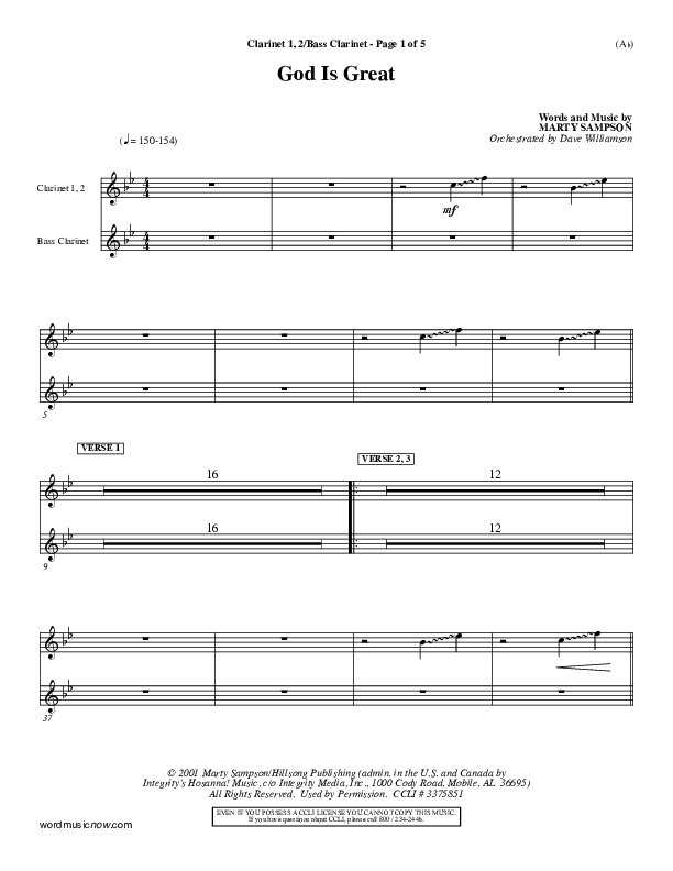 God Is Great Clarinet 1/2, Bass Clarinet (Marty Sampson)