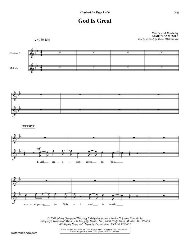 God Is Great Clarinet 3 (Marty Sampson)