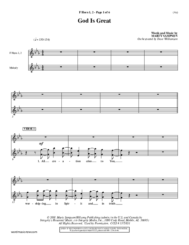 God Is Great French Horn 1/2 (Marty Sampson)