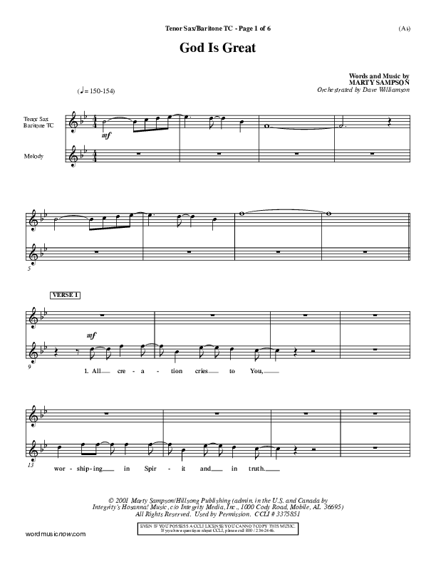 God Is Great Tenor Sax/Baritone T.C. (Marty Sampson)