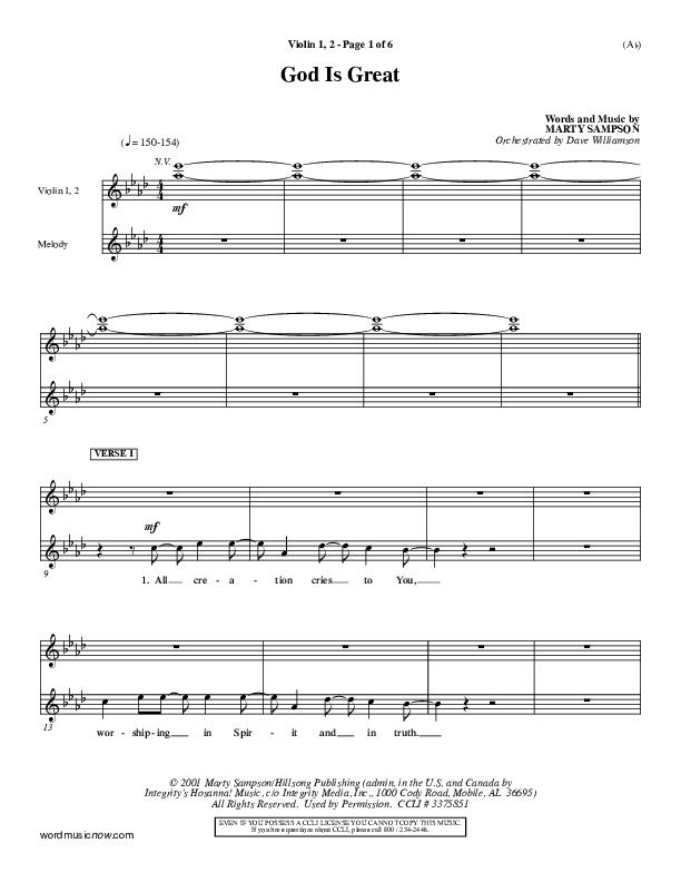God Is Great Violin 1/2 (Marty Sampson)