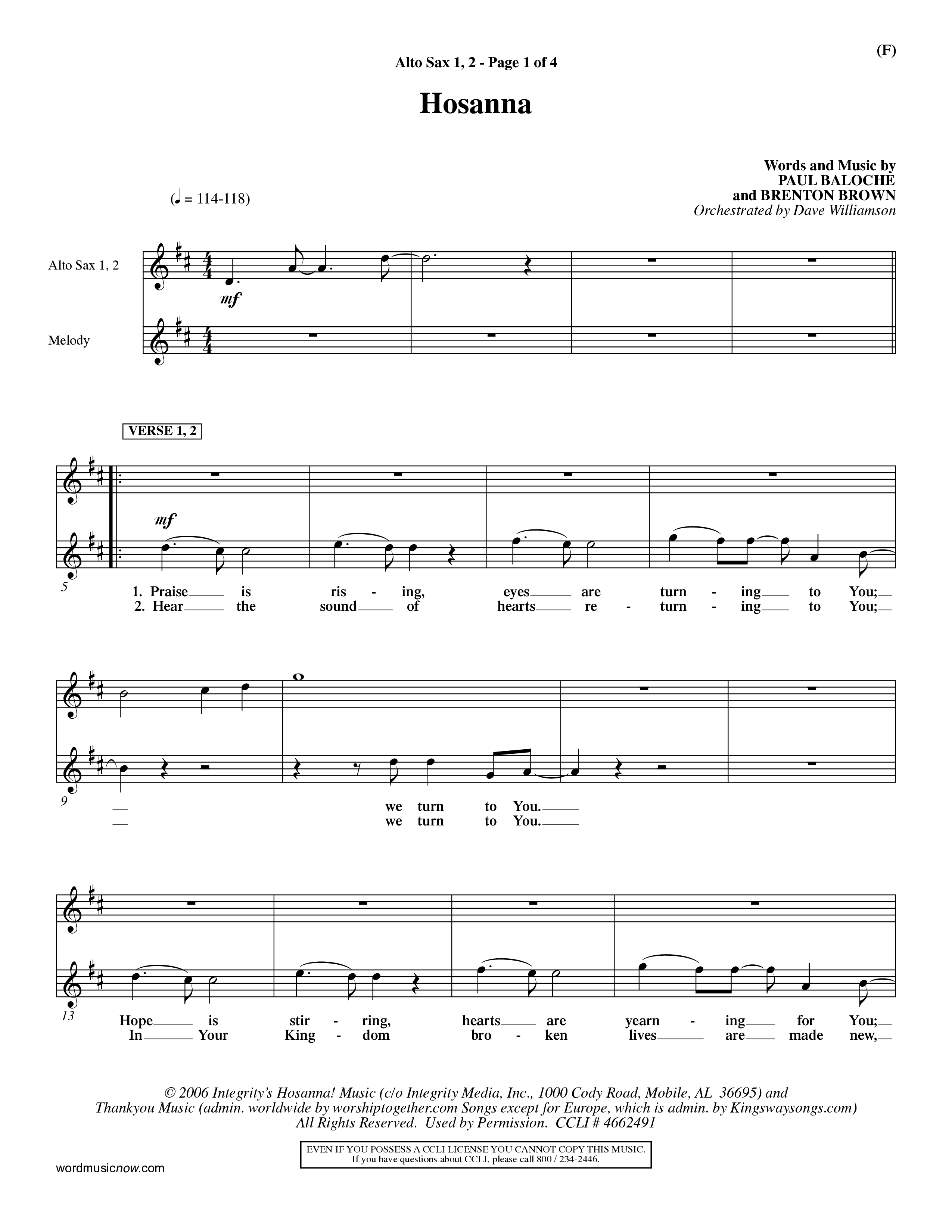 Hosanna (Praise Is Rising) (Choral Anthem SATB) Alto Sax 1/2 (Word Music Choral / Orch. Dave Williamson)