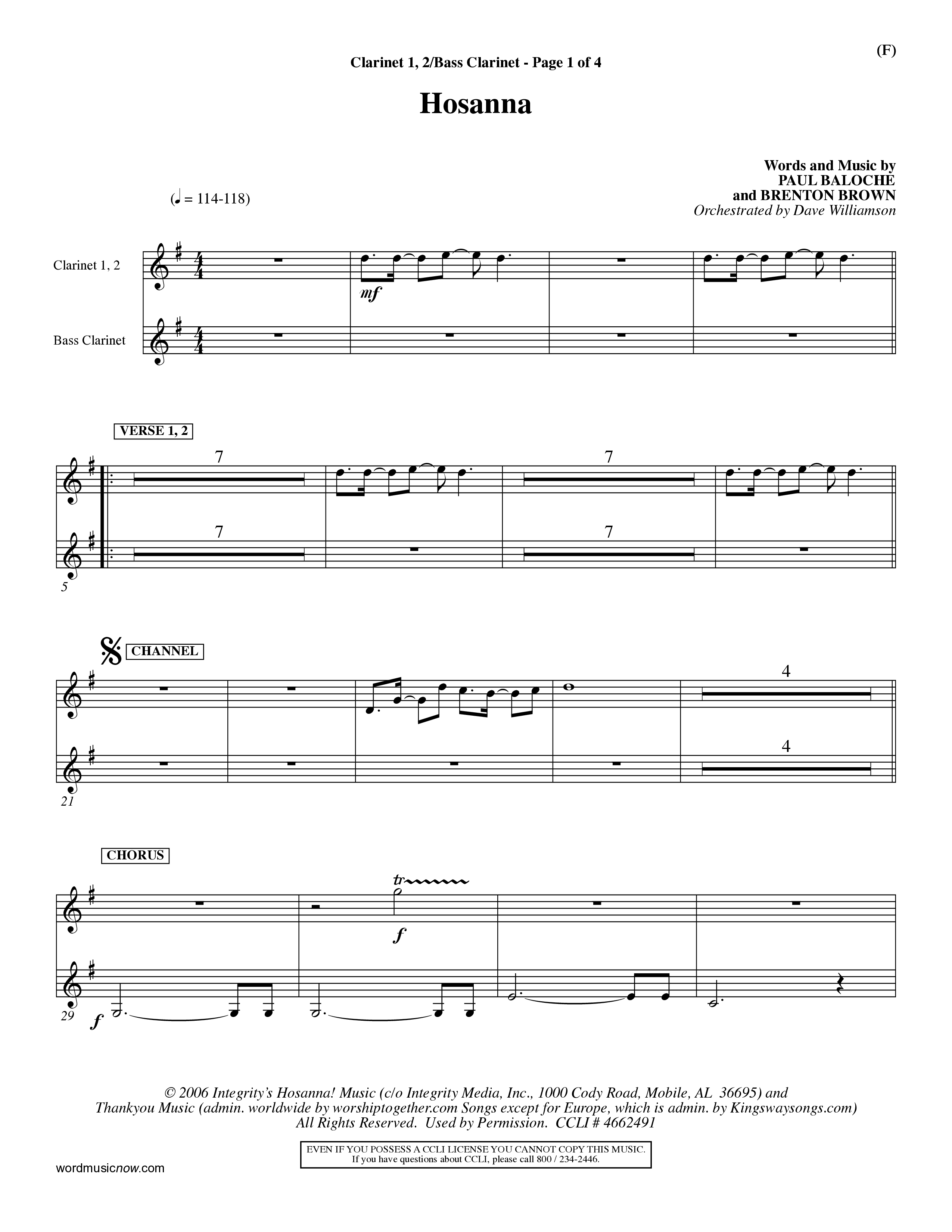 Hosanna (Praise Is Rising) (Choral Anthem SATB) Clarinet 1/2, Bass Clarinet (Word Music Choral / Orch. Dave Williamson)