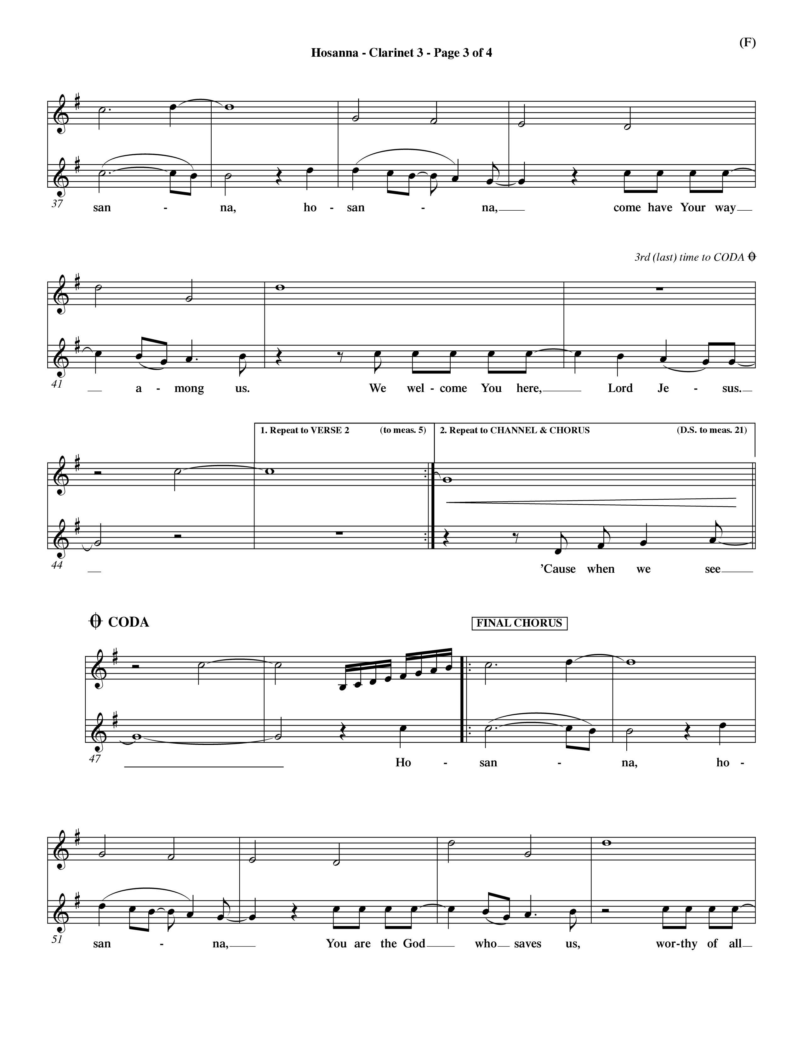 Hosanna (Praise Is Rising) (Choral Anthem SATB) Clarinet 3 (Word Music Choral / Orch. Dave Williamson)