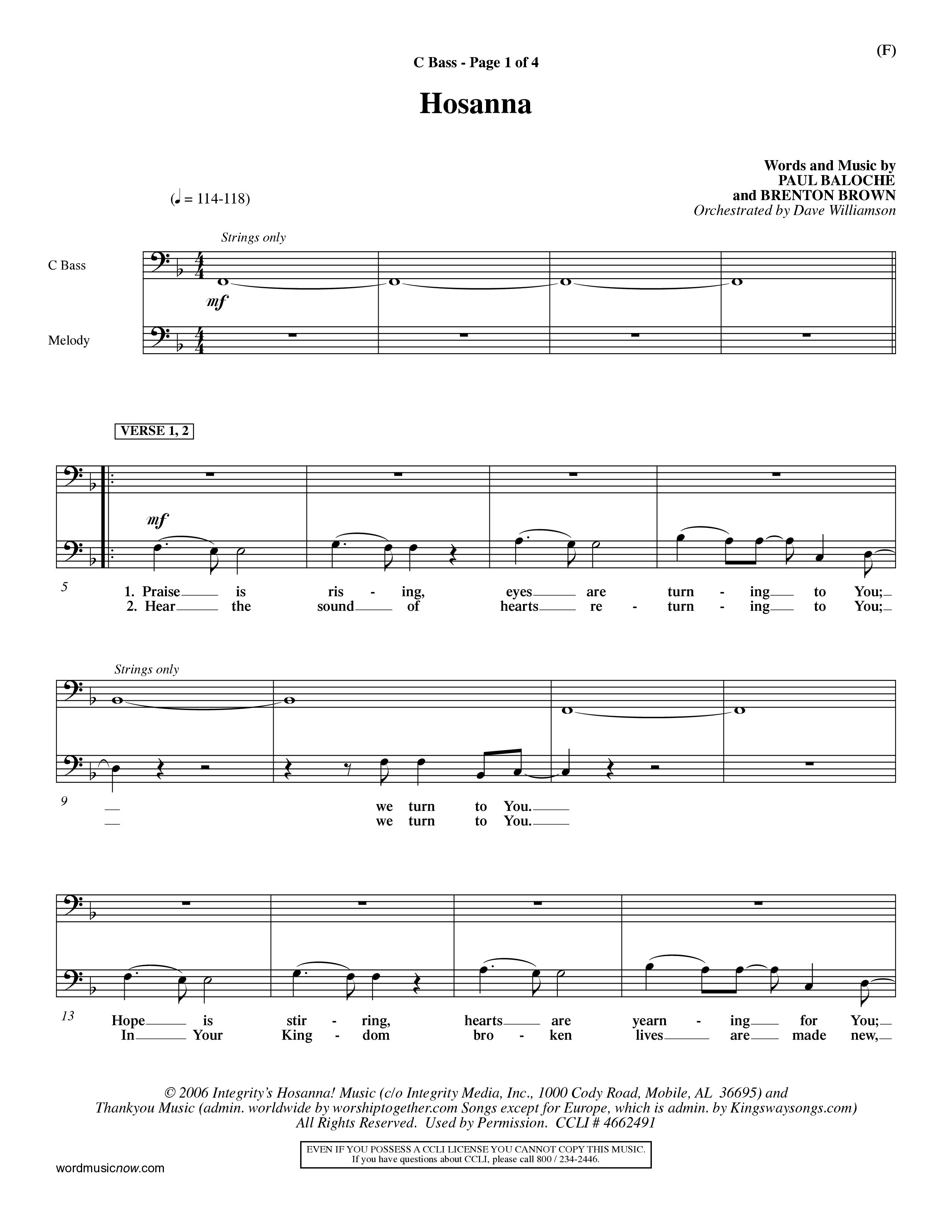 Hosanna (Praise Is Rising) (Choral Anthem SATB) Contrabass (Word Music Choral / Orch. Dave Williamson)