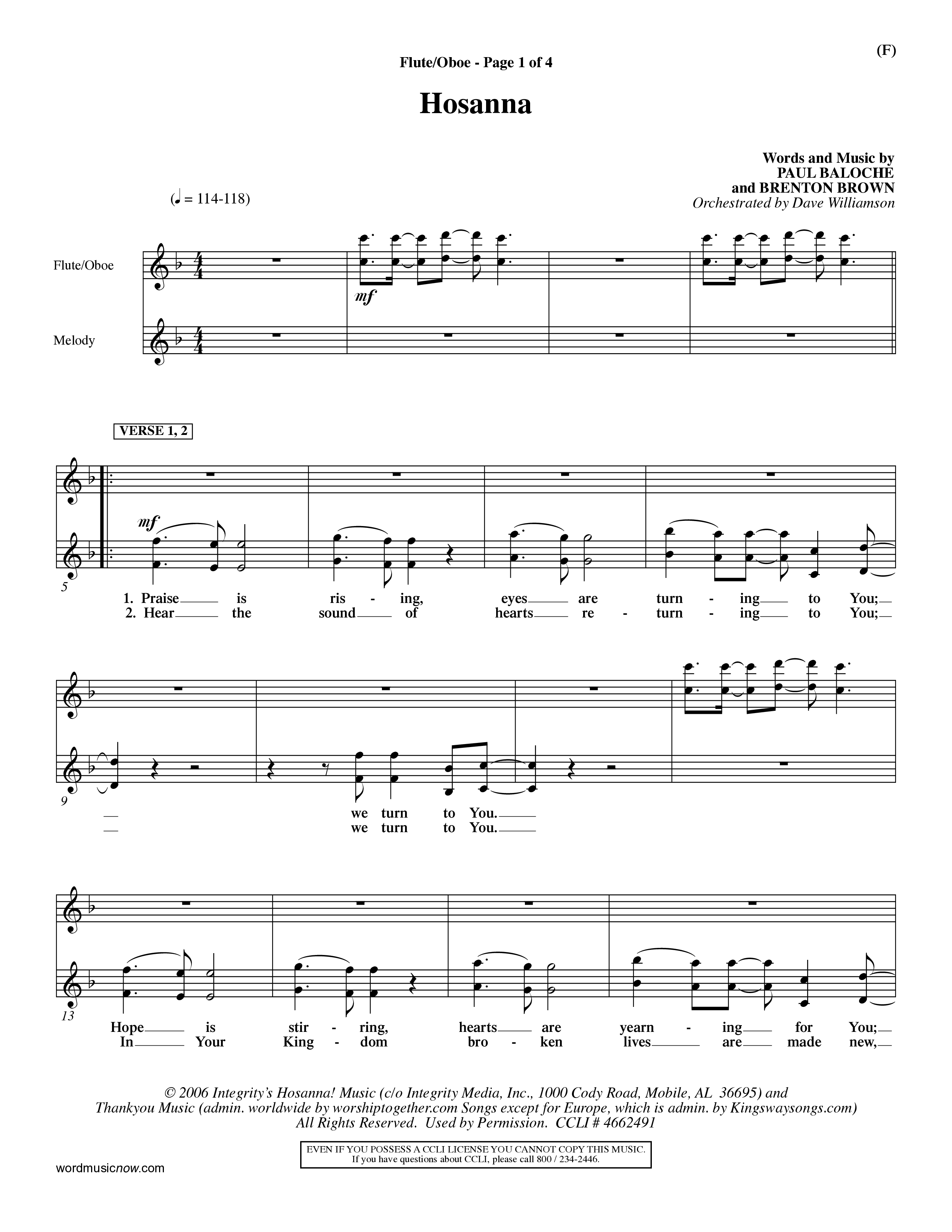 Hosanna (Praise Is Rising) (Choral Anthem SATB) Flute/Oboe (Word Music Choral / Orch. Dave Williamson)