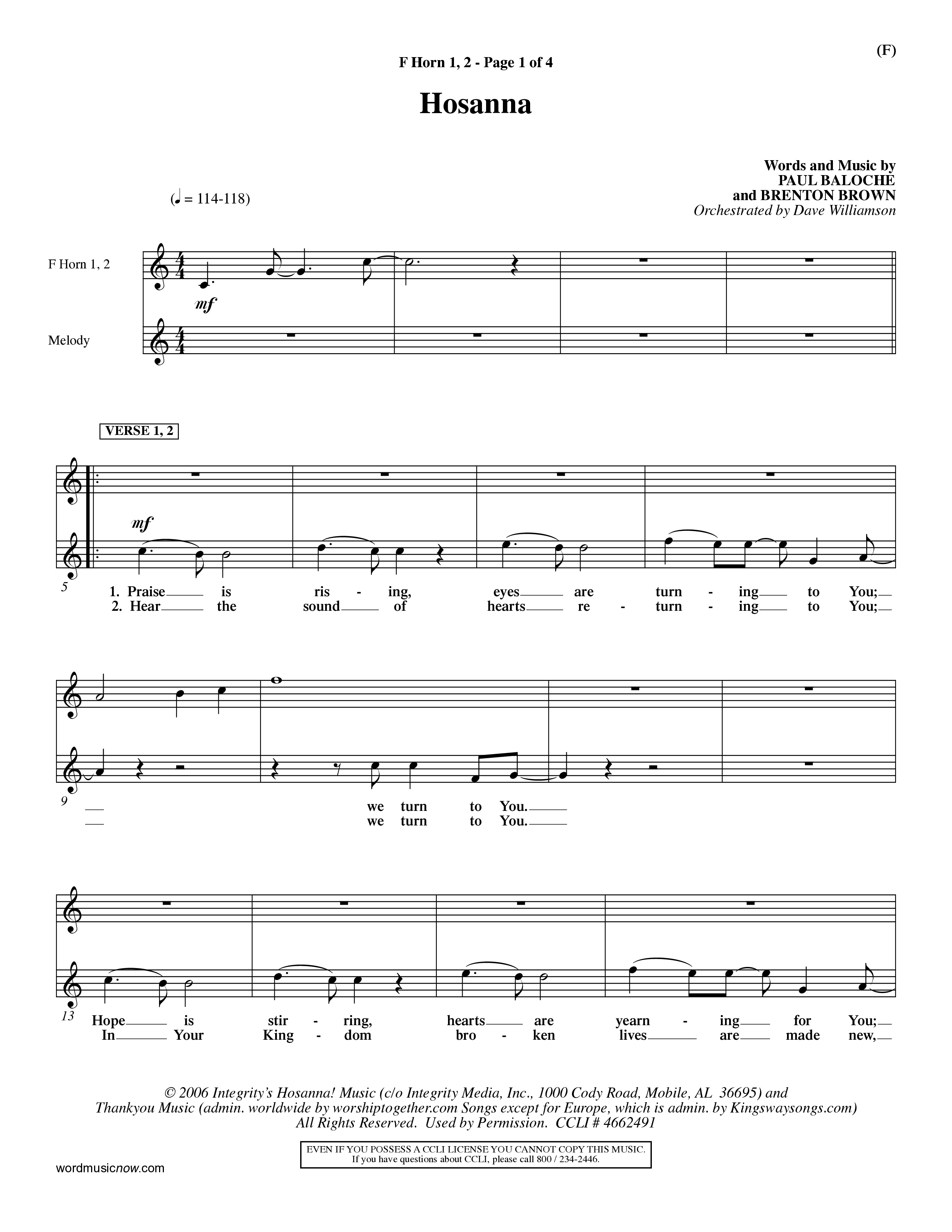 Hosanna (Praise Is Rising) (Choral Anthem SATB) French Horn (Word Music Choral / Orch. Dave Williamson)