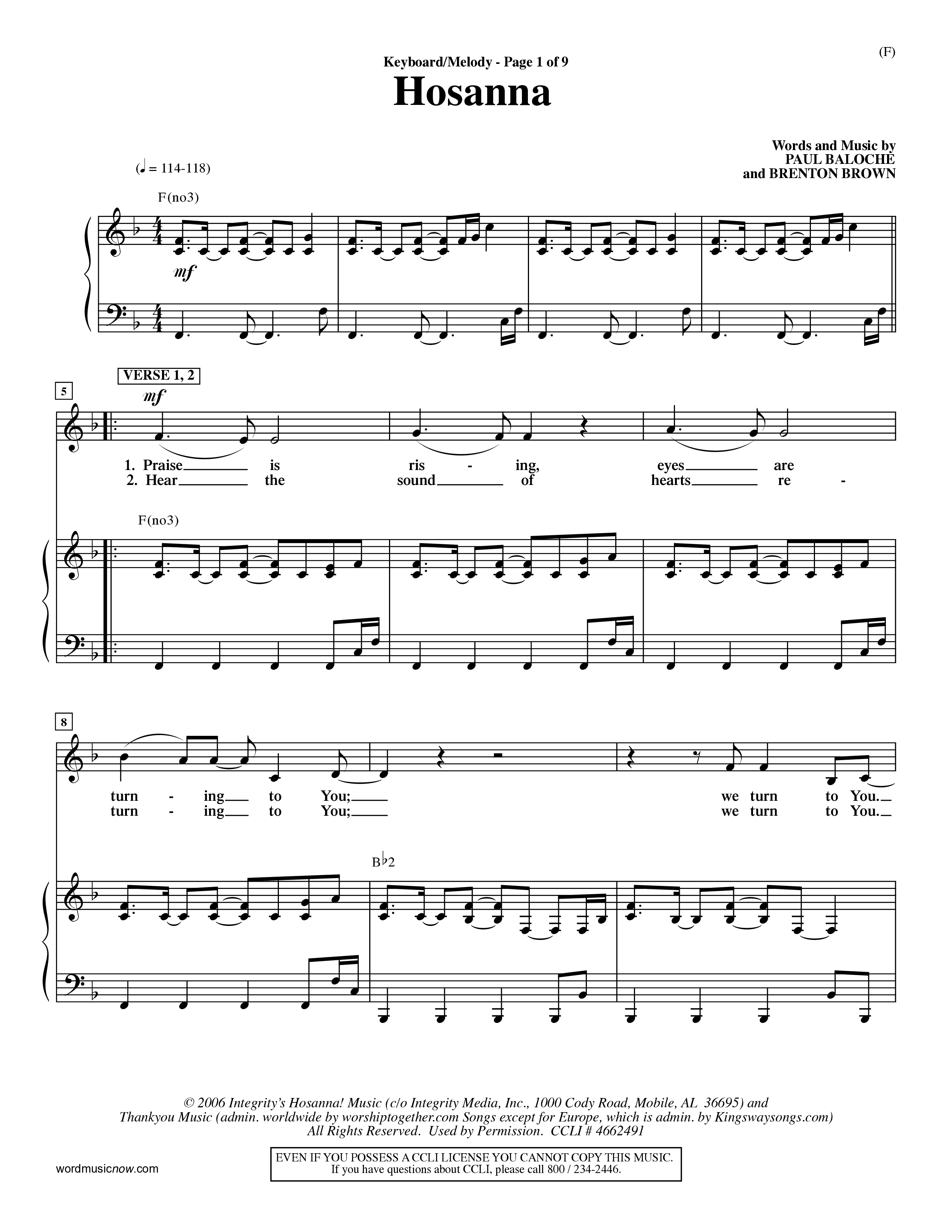 Hosanna (Praise Is Rising) (Choral Anthem SATB) Piano/Vocal (Melody) (Word Music Choral / Orch. Dave Williamson)