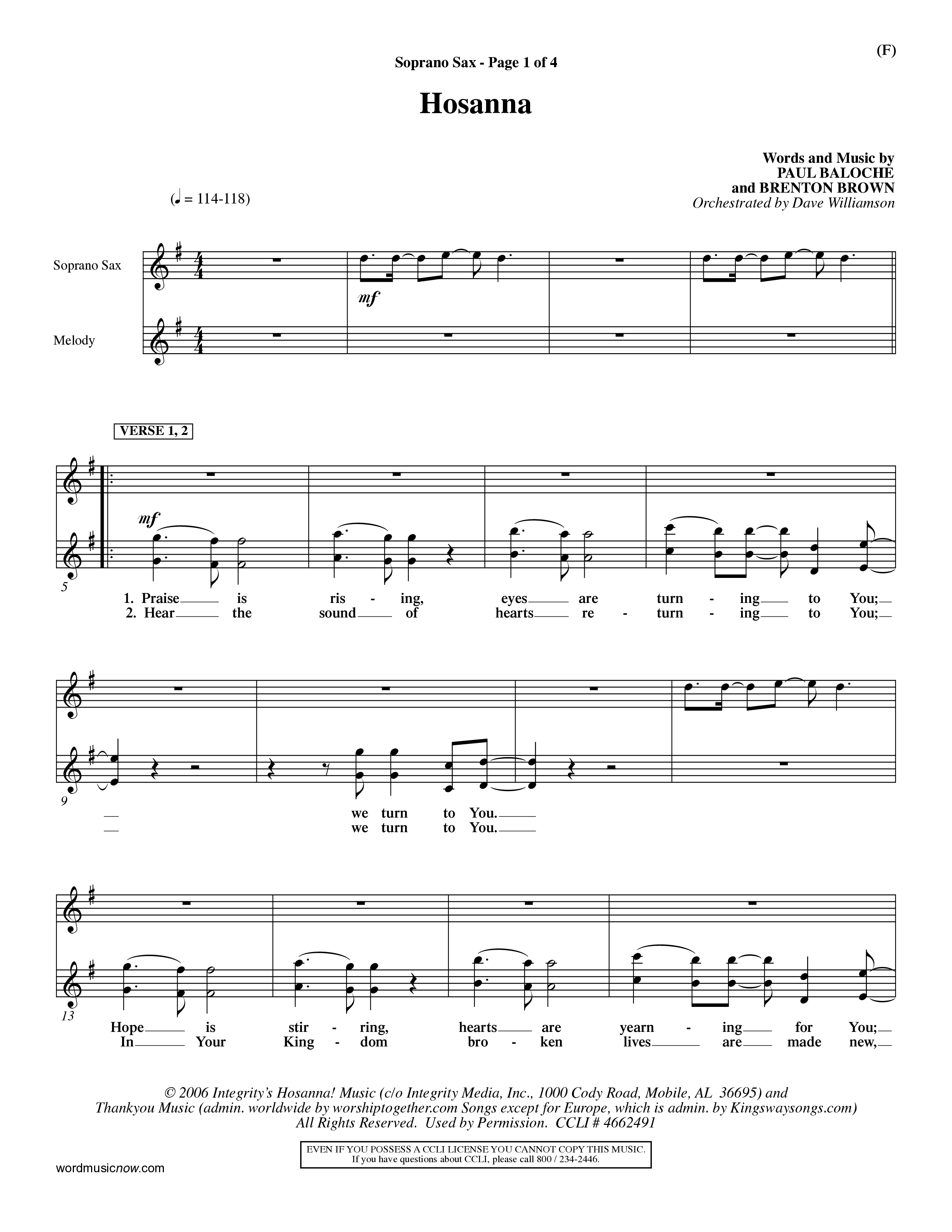Hosanna (Praise Is Rising) (Choral Anthem SATB) Saxophone (Word Music Choral / Orch. Dave Williamson)