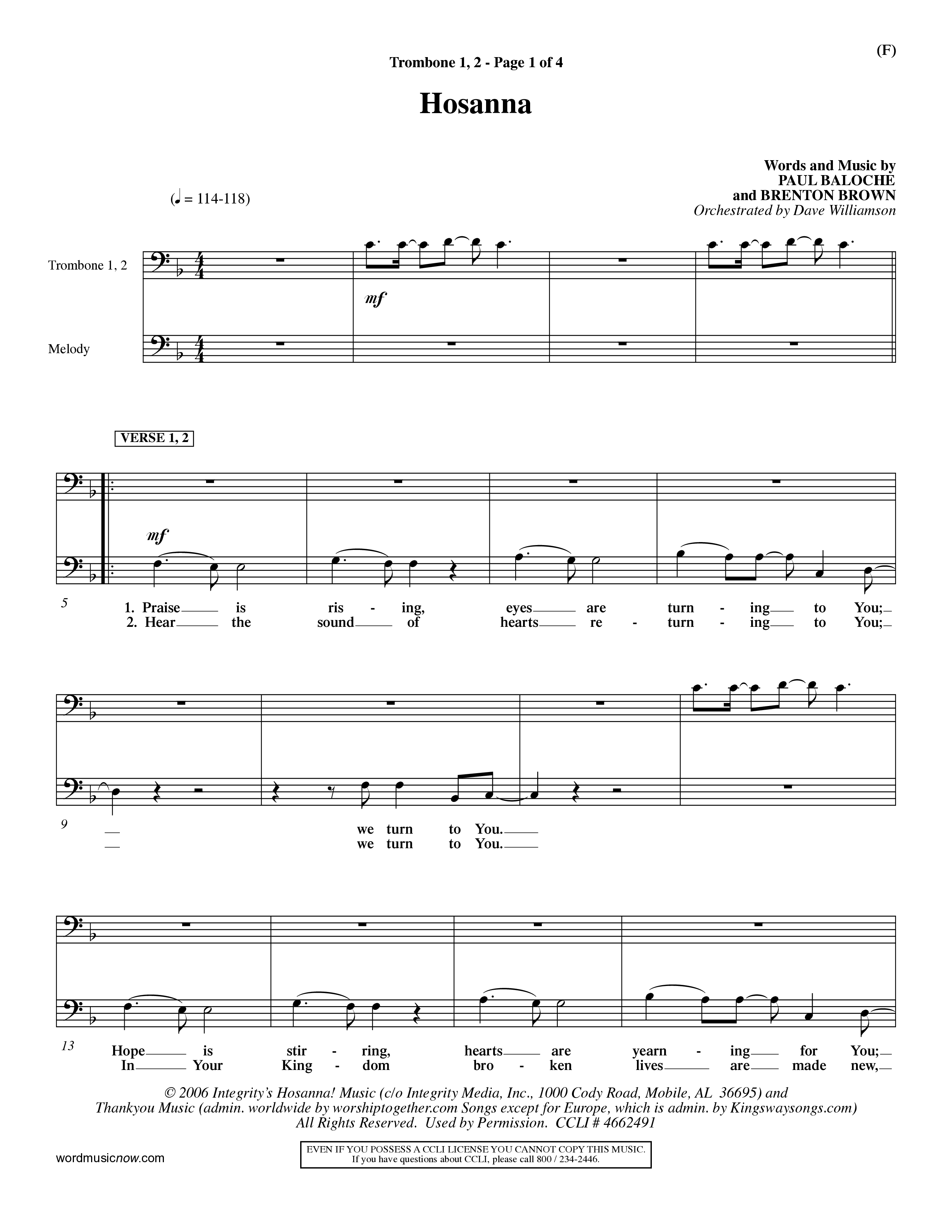 Hosanna (Praise Is Rising) (Choral Anthem SATB) Trombone 1/2 (Word Music Choral / Orch. Dave Williamson)