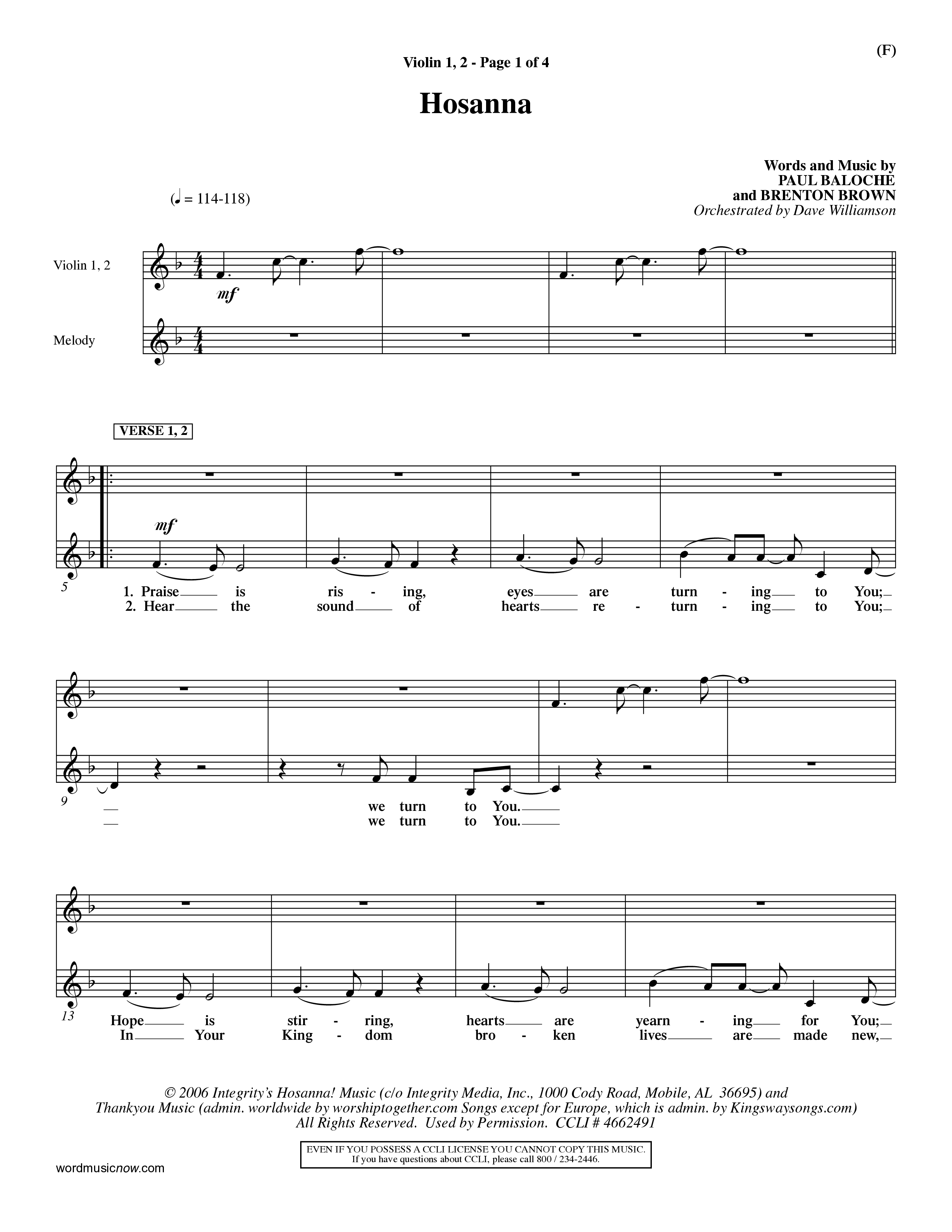 Hosanna (Praise Is Rising) (Choral Anthem SATB) Violin 1/2 (Word Music Choral / Orch. Dave Williamson)