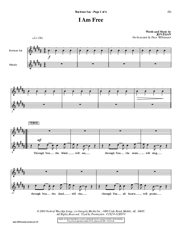 I Am Free Bari Sax (Jon Egan)