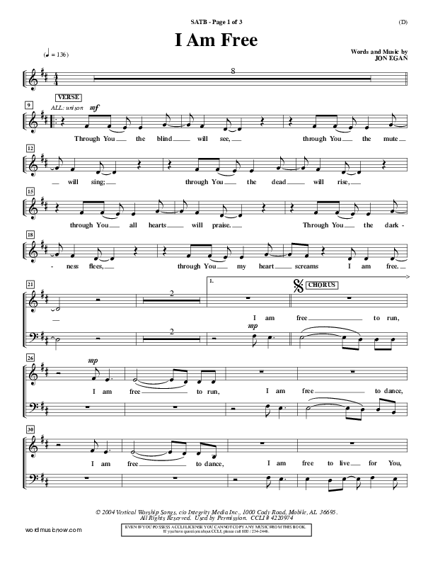 I Am Free Choir Sheet (SATB) (Jon Egan)