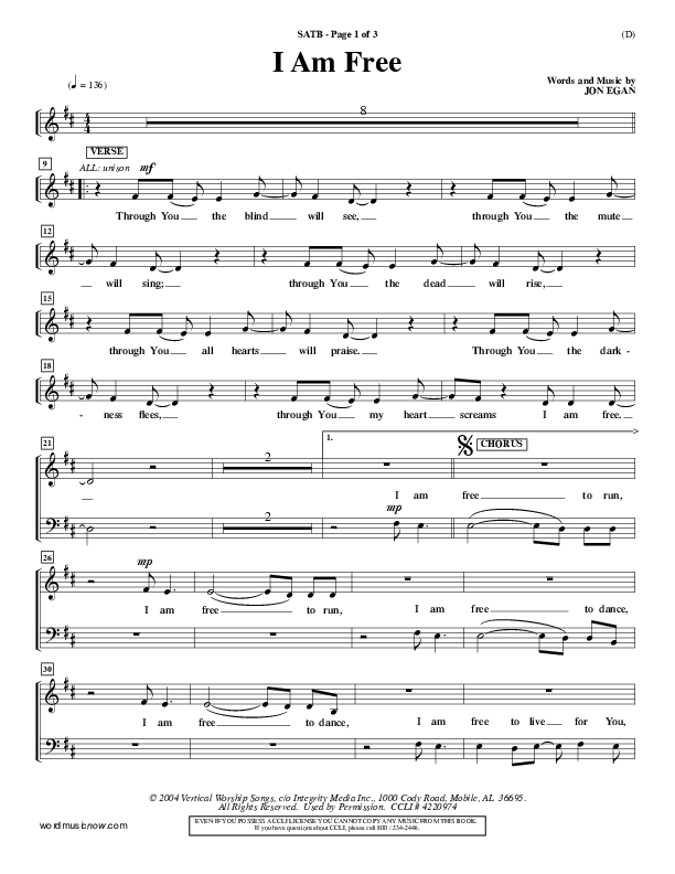 I Am Free Choir Vocals (SATB) (Jon Egan)