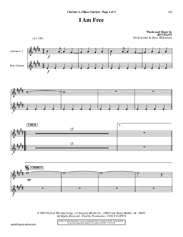 I Am Free Clarinet 1/2, Bass Clarinet (Jon Egan)