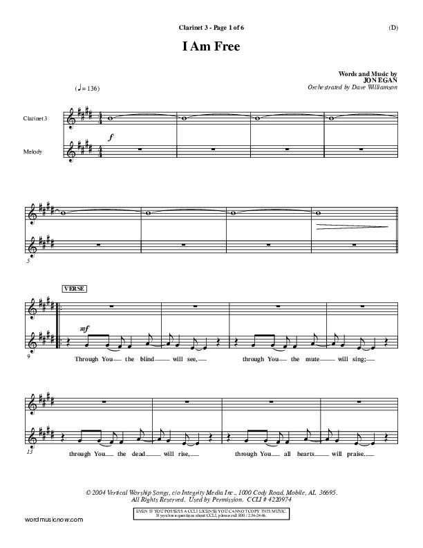 I Am Free Clarinet 3 (Jon Egan)