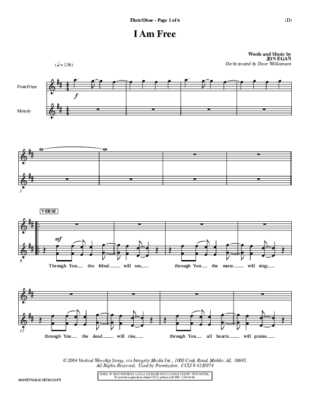 I Am Free Flute/Oboe (Jon Egan)