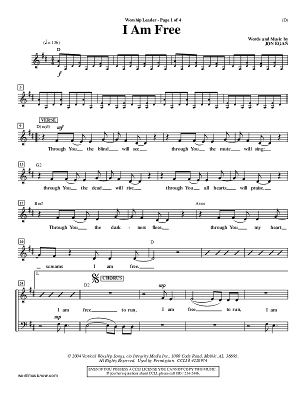 I Am Free Lead Sheet (Jon Egan)