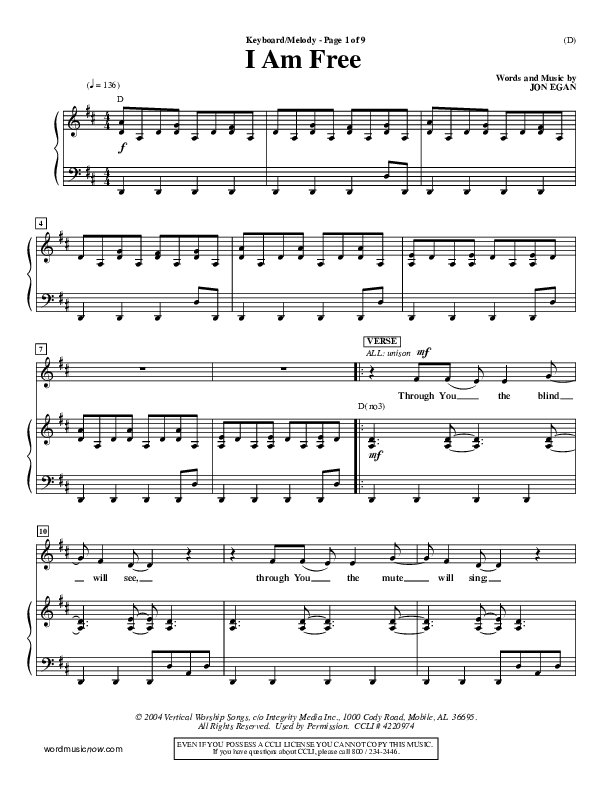 I Am Free Piano/Vocal (Jon Egan)