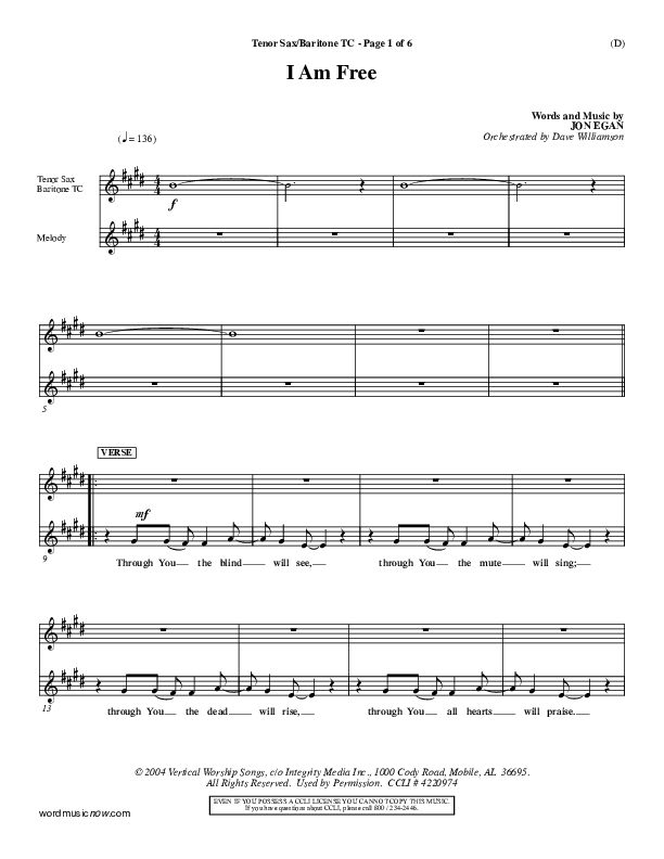I Am Free Tenor Sax/Baritone T.C. (Jon Egan)