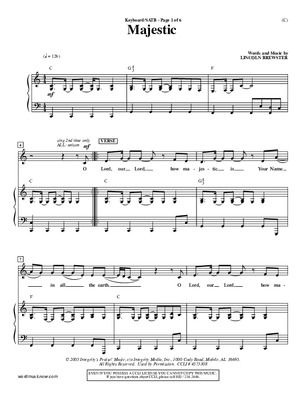Majestic Piano/Vocal (SATB) (Lincoln Brewster)