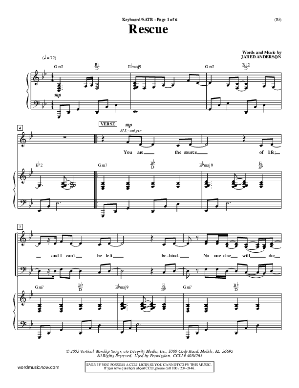 Rescue Piano/Vocal (SATB) (Reuben Morgan)