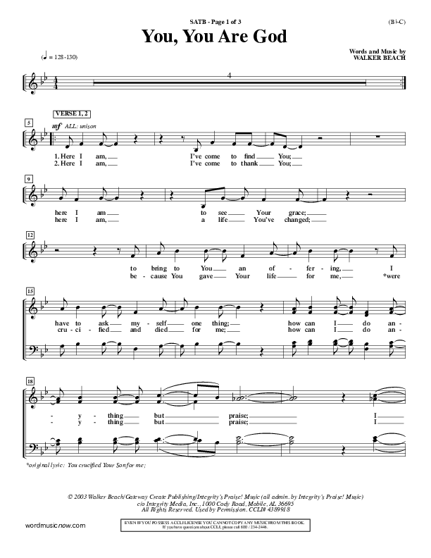 You You Are God Choir Vocals (SATB) (Walker Beach)