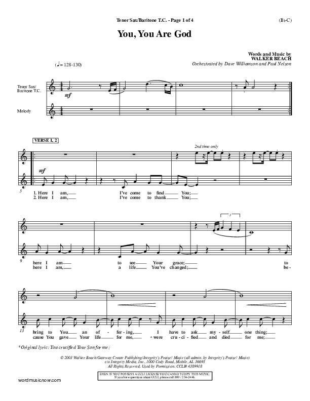 You You Are God Tenor Sax/Baritone T.C. (Walker Beach)