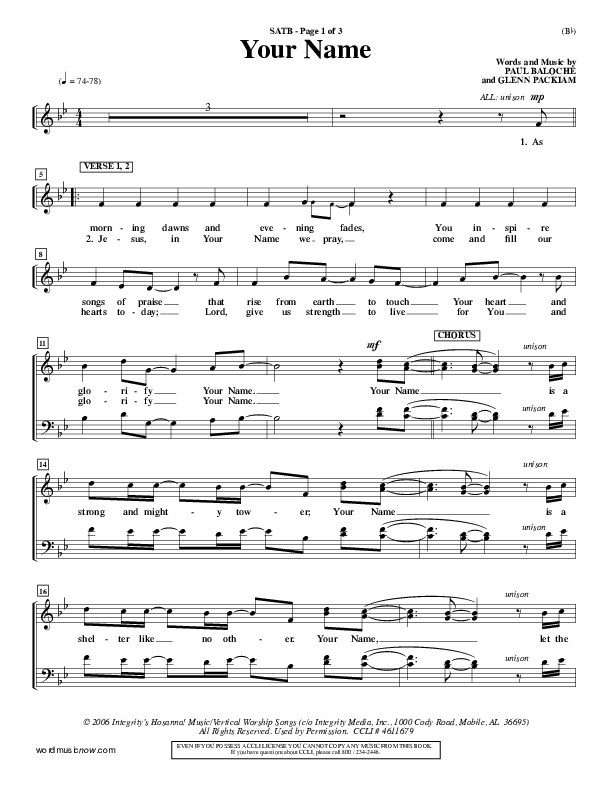 Your Name Choir Sheet (SATB) (Paul Baloche)