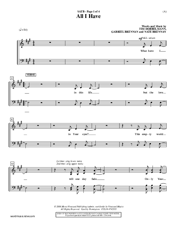 All I Have Choir Sheet (SATB) ()