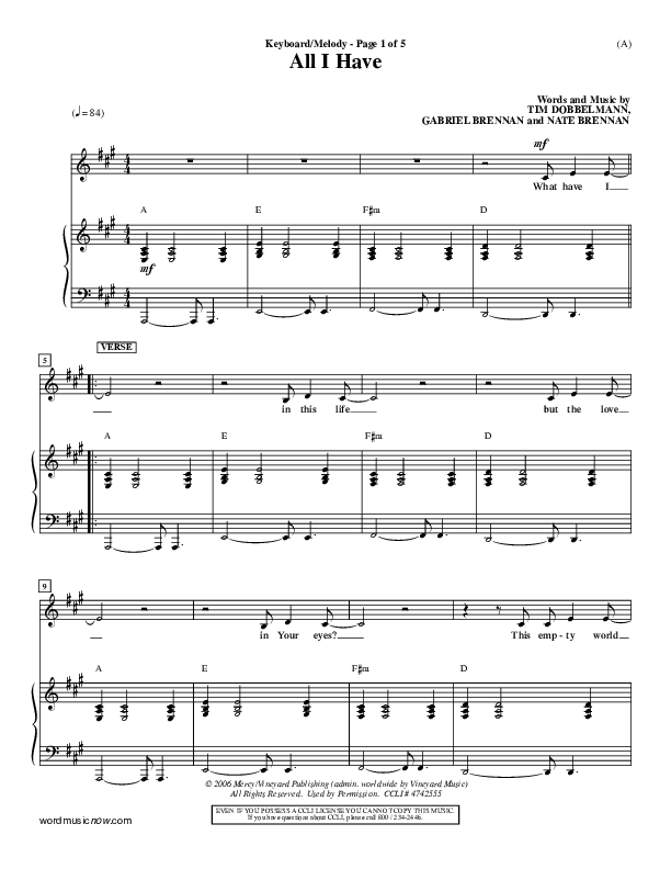 All I Have Piano/Vocal ()