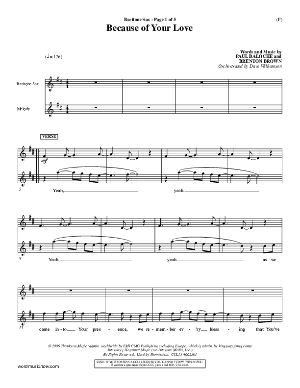 Because Of Your Love Bari Sax (Paul Baloche)