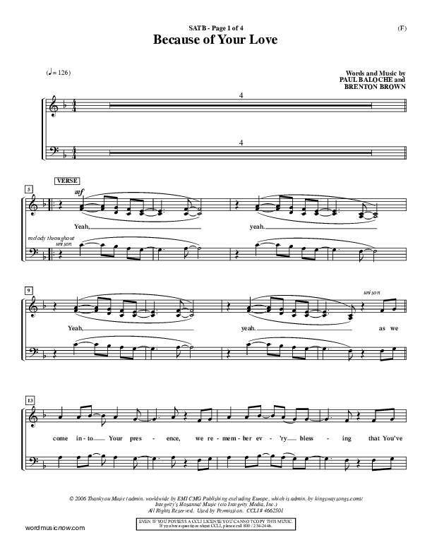 Because Of Your Love Choir Sheet (SATB) (Paul Baloche)