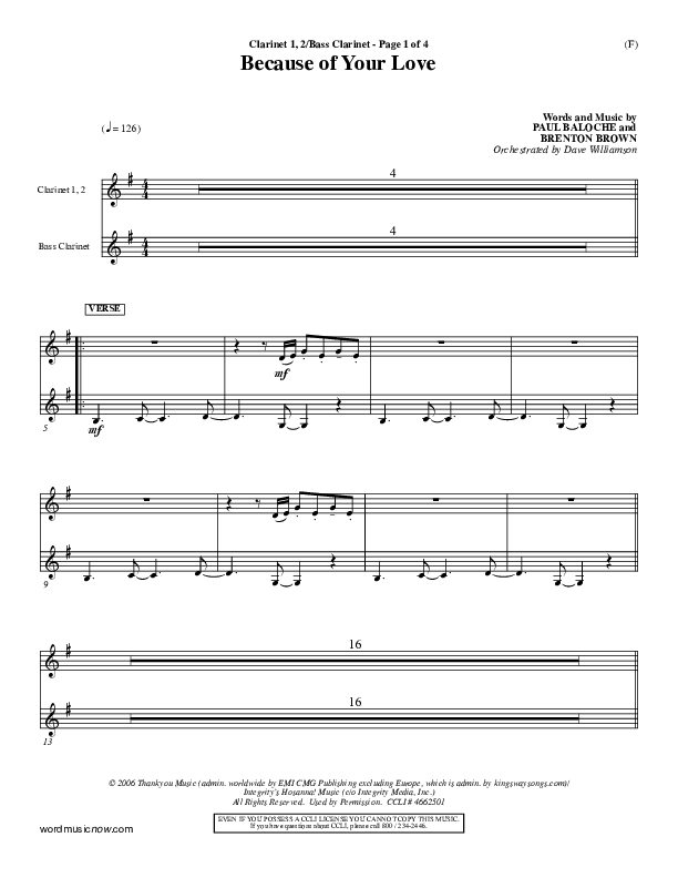 Because Of Your Love Clarinet 1/2, Bass Clarinet (Paul Baloche)