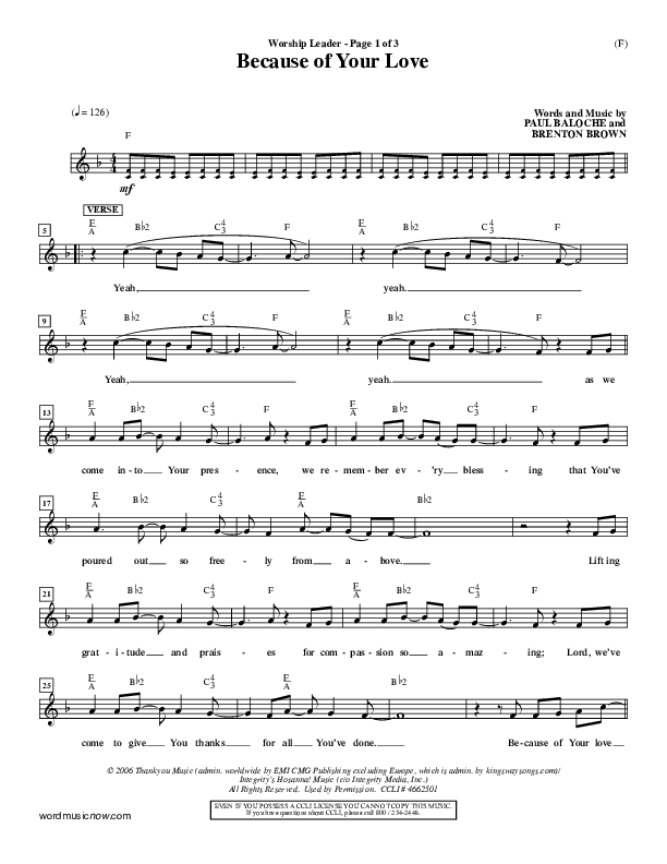 Because Of Your Love Lead Sheet (Paul Baloche)
