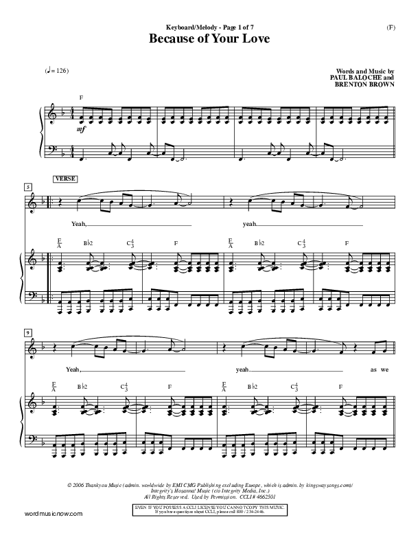 Because Of Your Love Piano/Vocal (Paul Baloche)