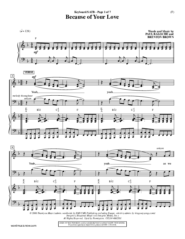 Because Of Your Love Piano/Vocal (SATB) (Paul Baloche)