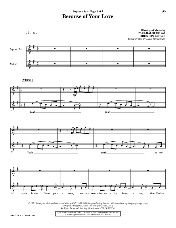 Because Of Your Love Soprano Sax (Paul Baloche)