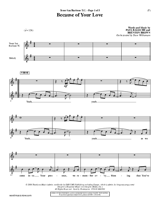 Because Of Your Love Tenor Sax/Baritone T.C. (Paul Baloche)