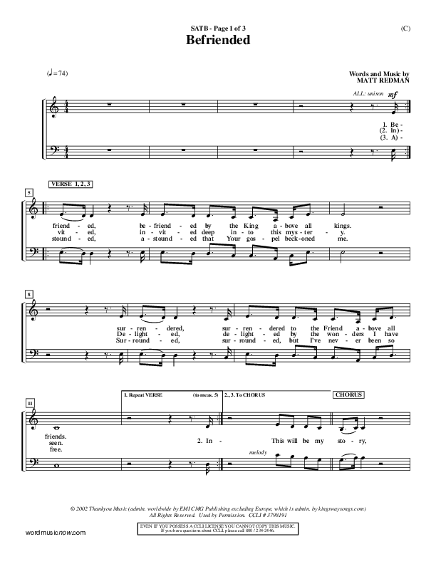 Befriended Choir Sheet (SATB) (Matt Redman)