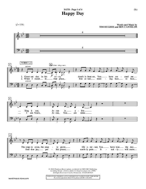 Happy Day Choir Sheet (SATB) (Tim Hughes)