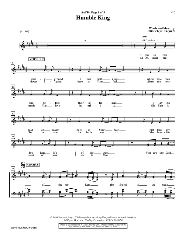 Humble King Choir Sheet (SATB) (Brenton Brown)