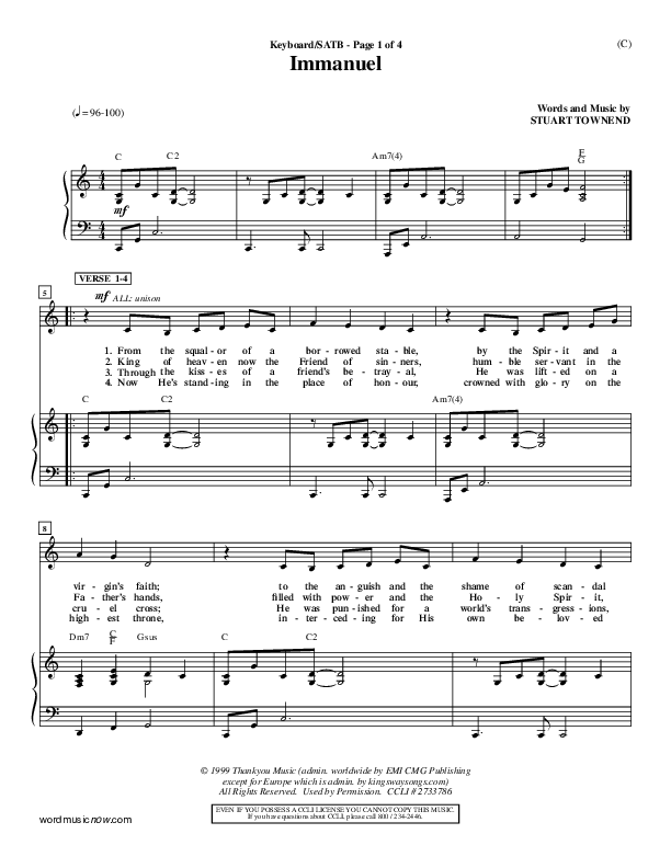 Immanuel Piano/Vocal (SATB) (Stuart Townend)